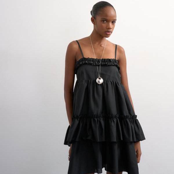 トップショップ Topshop TOPSHOP トップショップのボリュームたっぷりのフリルミディドレス（ブラック） ワンピース レディース 女性 インポートブランド 小さいサイズから大きいサイズまで