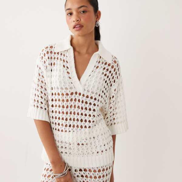 エイソス ASOS asos ASOS DESIGN 襟付き半袖トップスセットアップ（クリーム色） パンツ ボトム レディース 女性 インポートブランド 小さいサイズから大きいサイズまで