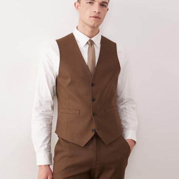 エイソス ASOS asos ASOS DESIGN ブラウンリネン素材のスーツベスト ベスト メンズ 男性 インポートブランド 小さいサイズから大きいサイズまで