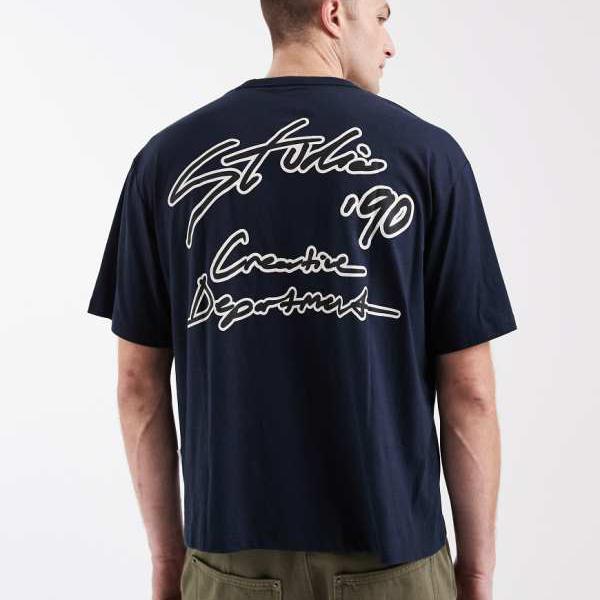 ジャックアンドジョーンズ Jack \u0026 Jones ジャック＆ジョーンズのボクシークロップTシャツ（スタジオバックプリント、ネイビー） トップス メンズ 男性 インポートブランド 小さいサイズから大きいサイズまで