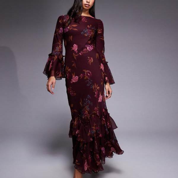 エイソス ASOS asos ASOS DESIGN ティアードフリル ロングスリーブ シフォン マキシドレス（バーガンディ フローラルプリント） トップス レディース 女性 インポートブランド 小さいサイズから大きいサイズまで