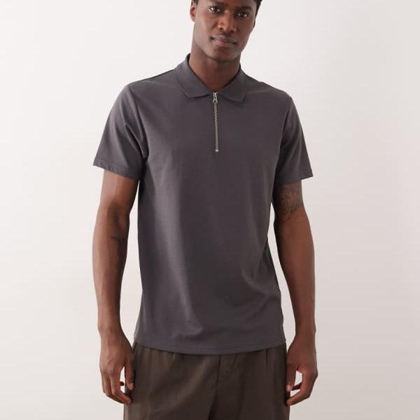 エイソス ASOS asos ASOS DESIGN breatheMAX・・ ヘビーウェイト レギュラーフィット ジップポロシャツ チャコールコットン混紡 トップス メンズ 男性 インポートブランド 小さいサイズから大きいサイズまで
