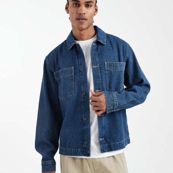 エイソス ASOS asos ASOS DESIGN 長袖デニムシャツ（ダークウォッシュブルー、濃淡あり） トップス メンズ 男性 インポートブランド 小さいサイズから大きいサイズまで