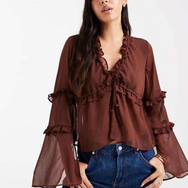 エイソス ASOS asos ASOS DESIGN シフォン フリルディテール ブラウス（ブラウン） トップス レディース 女性 インポートブランド 小さいサイズから大きいサイズまで