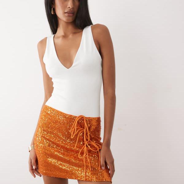 エイソス ASOS asos ASOS DESIGN スパンコール付きサイドタイミニスカート（オレンジ） スカート レディース 女性 インポートブランド 小さいサイズから大きいサイズまで｜セレクトショップ　Diva　Closet