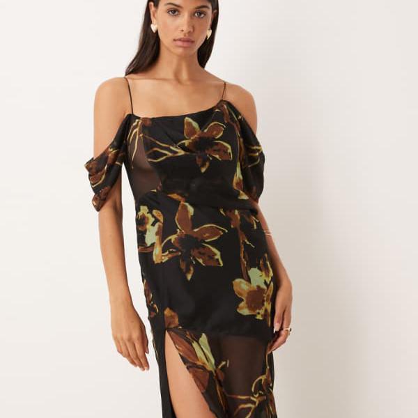 エイソス ASOS asos ASOS DESIGNのドレープフロントシフォンマキシドレス（ブラックベースの花柄） ワンピース レディース 女性 インポートブランド 小さいサイズから大きいサイズまで