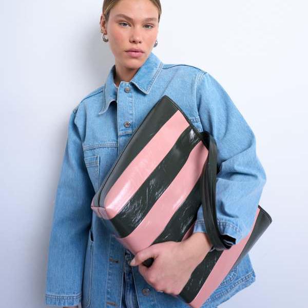 トップショップ Topshop TOPSHOP トップショップ スティービー ストライプ フェイクレザー トートバッグ（ピンク＆カーキ） 鞄 レディース 女性 インポートブランド