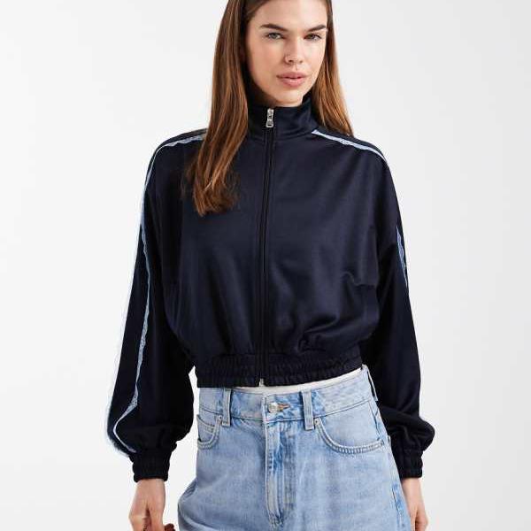 エイソス ASOS asos ASOS DESIGN レーストリムディテール ファンネルネック トリコットトラックジャケット（米国海軍） アウター レディース お上さん インポートブランド たわい無い大きさから気が大きい大きさまで