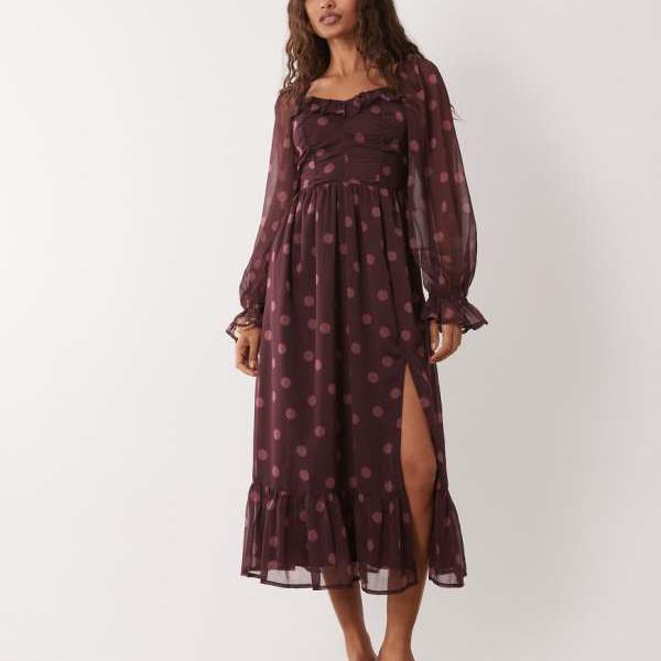 ミスセルフリッジ Miss Selfridge  ミス・セルフリッジのプチサイズコルセットマキシドレス（ワインカラーのドット柄） ワンピース レディース 女性 インポートブランド 小さいサイズから大きいサイズまで