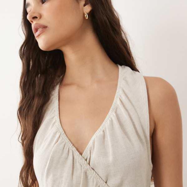 エイソス ASOS asos ASOS DESIGN リネン混ホルターネックラップミニドレス（自然的） 衣装 レディース 成人女性 インポートブランド 弱められた大きさから馬鹿でかい大きさまで