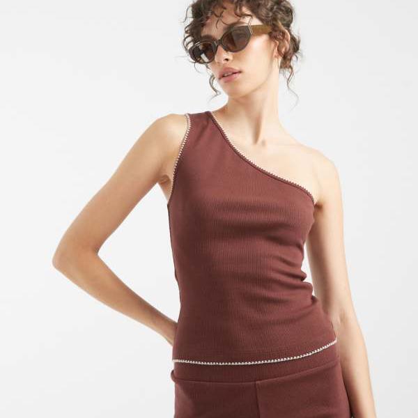 エイソス ASOS asos ASOS DESIGN 肋筋編みワンショルダーベスト、ブランケットステッチディテール、黒茶色つや トップス レディース 成人女性 インポートブランド 弱められた大きさから馬鹿でかい大きさまで