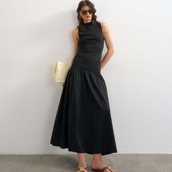 トップショップ Topshop TOPSHOP トップショップのドロップウエストポプリンミックスオープンバックマキシドレス（ブラック） ワンピース レディース 女性 インポートブランド 小さいサイズから大きいサイズまで
