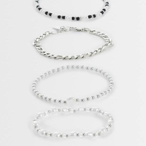 エイソス ASOS asos ASOS DESIGN しろがね色色つやのパールブラックストーンとチェーン店腕輪 4本書き割り 付属物 メンズ 成人男性 インポートブランド