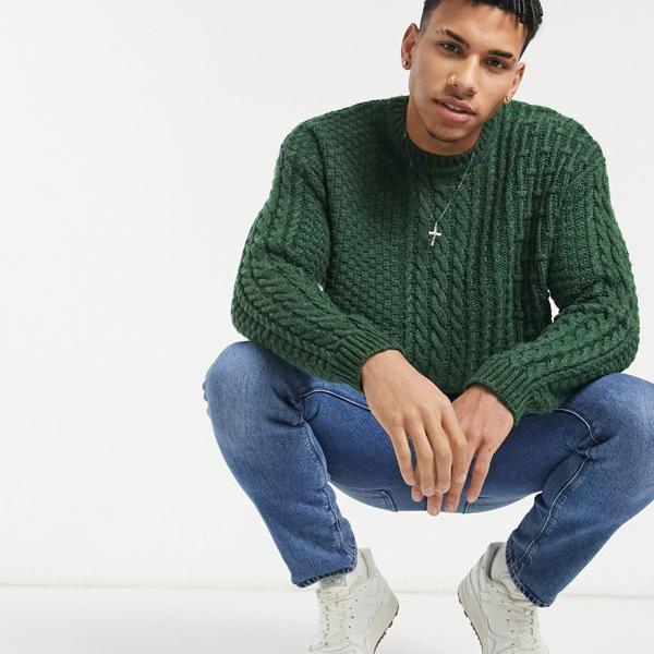 新版 エイソス Asos Asos Asosdesignのフォレストグリーンの特大ミックスケーブルニットジャンパー トップス メンズ 男性 インポート ブランド 小さいサイズから大きいサイズまで 期間限定特価 Www Clanpulsar Com
