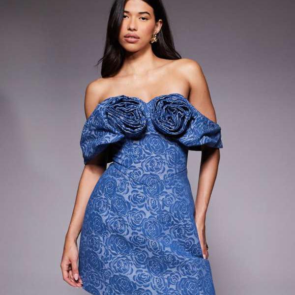 ASOS LUXE バンドゥコサージュ オフショルダードレス 花柄デニム トップス レディース 女性 インポートブランド 小さいサイズから大きいサイズまで