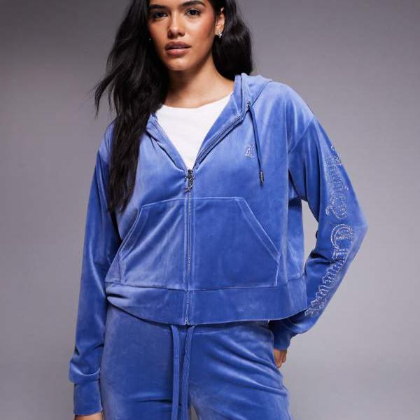 ジューシークチュール Juicy Couture ジューシー クチュール セットアップ ラインストーン アウトライン ロゴ ジップスルー フーディー グレーブルー トップス レディース 女性 インポートブランド 小さいサイズから大きいサイズまで｜セレクトショップ　Diva　Closet