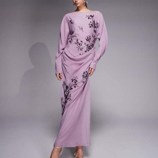 エイソス ASOS asos ASOS DESIGN 花柄かざり付ける付き添い人長袖ドレープマキシドレス（モーヴ） トップス レディース 成人女性 インポートブランド 弱められた大きさから馬鹿でかい大きさまで