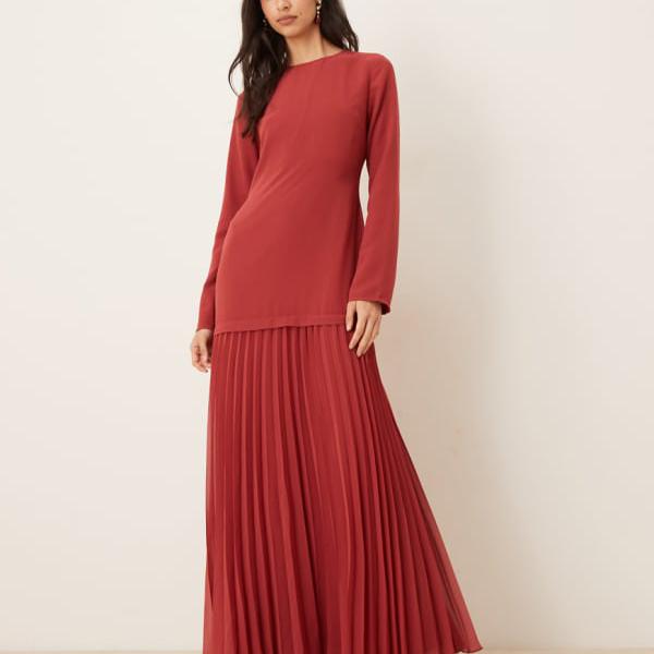 エイソス ASOS asos ASOS DESIGN 長袖プリーツスカート マキシドレス（ディープレッド） トップス レディース 女性 インポートブランド 小さいサイズから大きいサイズまで