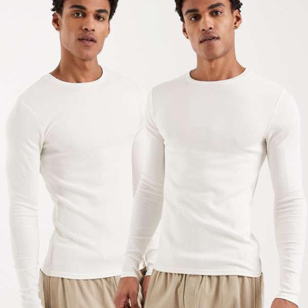 エイソス ASOS asos ASOS DESIGN Essentials マッスルフィット リブ ロングスリーブ Tシャツ 2枚組 クリーム トップス メンズ 男性 インポートブランド 小さいサイズから大きいサイズまで
