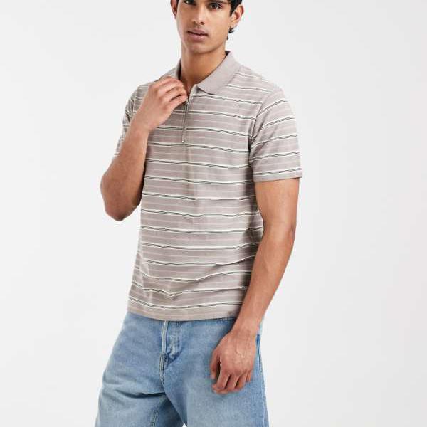 エイソス ASOS asos ASOS DESIGN ヘビーウェイト レギュラー相応う ジップアップ スポーツシャツ（ベージュのテクスチャードストライプ） トップス メンズ 成人男性 インポートブランド 弱められた大きさから馬鹿でかい大きさまで