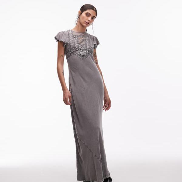 エイソス ASOS asos ASOS DESIGN フリルスリーブとレースインサート付きハイネックマキシドレス（ウォッシュドグレー） ワンピース レディース 女性 インポートブランド 小さいサイズから大きいサイズまで