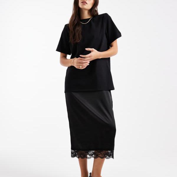 エイソス ASOS asos ASOS DESIGN ハイブリッドTシャツミディドレス（ブラック、レースサテンスカート付き） ワンピース レディース 女性 インポートブランド 小さいサイズから大きいサイズまで
