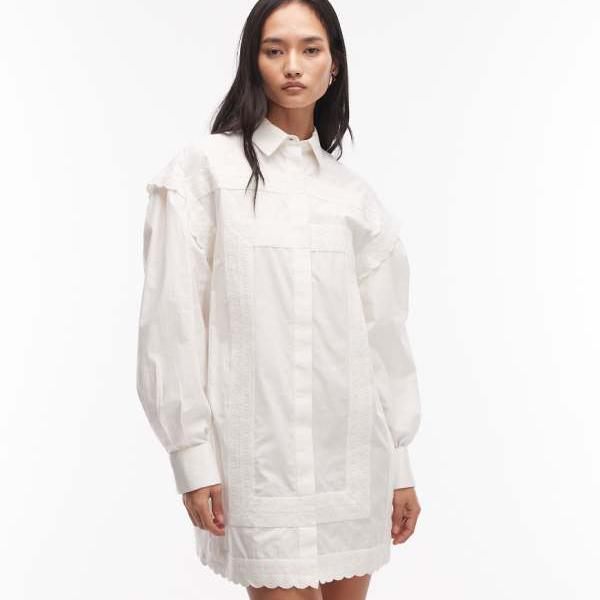 エイソス ASOS asos ASOS DESIGN ポプリンシャツ ミニドレス レーストリム ホワイト ワンピース レディース 女性 インポートブランド 小さいサイズから大きいサイズまで