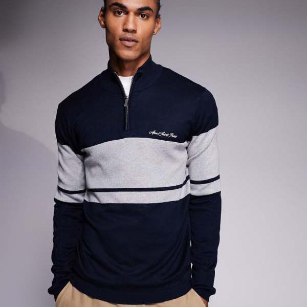 リバーアイランド River Island RIVER ISLAND リバーアイランドのハーフジップジャンパー（ネイビー、ブロックディテール） トップス メンズ 男性 インポートブランド 小さいサイズから大きいサイズまで