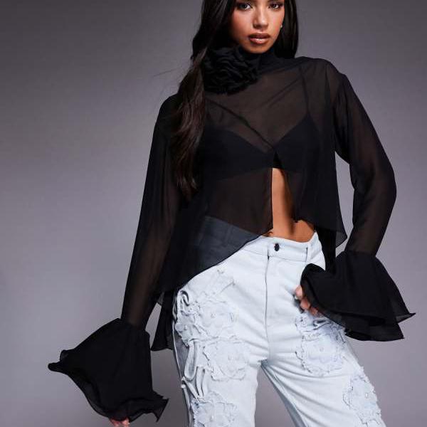 ASOS LUXE コサージュディテール付きハイネックシアートップ（ブラック） トップス レディース 女性 インポートブランド 小さいサイズから大きいサイズまで