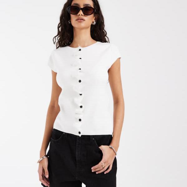 エイソス ASOS asos ASOS DESIGN コンパクトニットキャップスリーブカーディガン、ギャザー入り口・入口鶏冠、エクリュ トップス レディース お上さん インポートブランド たわい無い大きさから気が大きい大きさまで