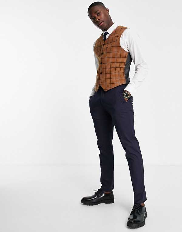 エイソス Asos Asos Asosdesignカントリーウェディングスキニーウールミックスチョッキブラウンパピートゥースチェック ベスト メンズ 男性 インポートブランド 小さいサイズから大きいサイズまで Mydrap Com