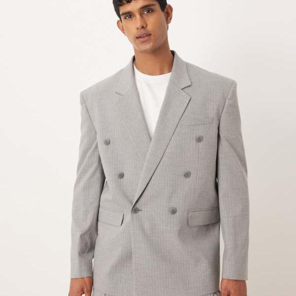 エイソス ASOS asos ASOS DESIGNのグレーのピンストライプ柄のリラックスボックス型スーツジャケット アウター メンズ 男性 インポートブランド 小さいサイズから大きいサイズまで
