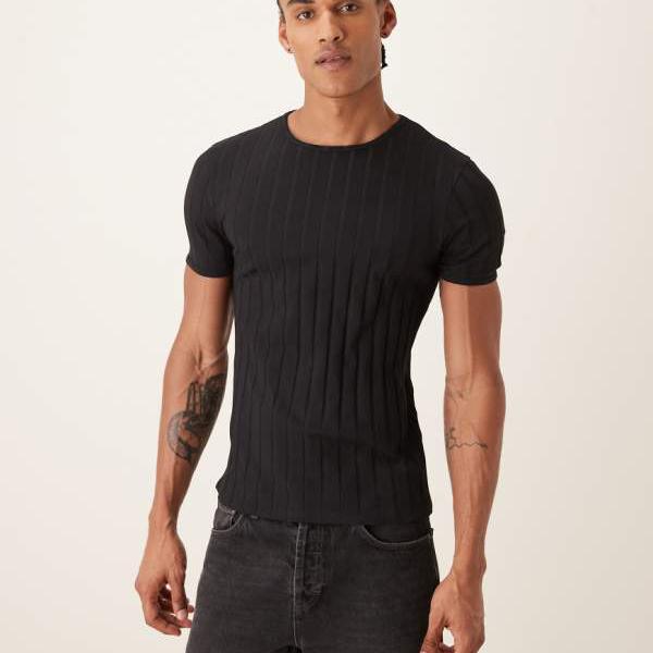 エイソス ASOS asos ASOS DESIGN スリムTシャツ（ブラック、ワイドリブ） トップス メンズ 男性 インポートブランド 小さいサイズから大きいサイズまで