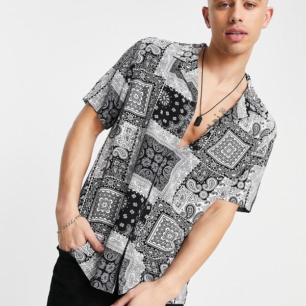 ニュールック New Look ブラックのニュールックバンダナプリントシャツ アクセサリー メンズ 男性 インポートブランド Sobolewscy Pl