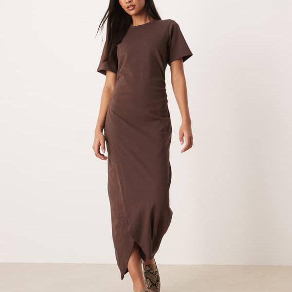 エイソス ASOS asos ASOS DESIGN サーキュラーデザイン ルーシュサイドプルオーバーmidi御召しもの（黒茶） 衣装 レディース 成人女性 インポートブランド 弱められた大きさから馬鹿でかい大きさまで