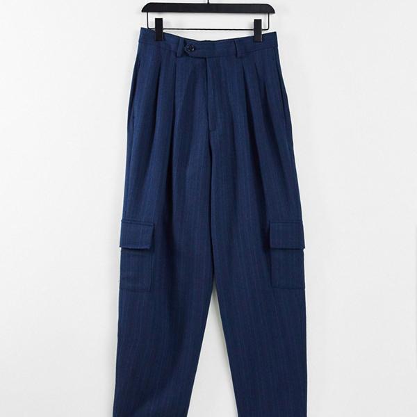 エイソス Asos Asos Asosdesignハイウエストスリムカーゴスマートパンツ ネイビーストライプ パンツ ボトム メンズ 男性 インポートブランド 小さいサイズから大きいサイズまで Paigebird Com