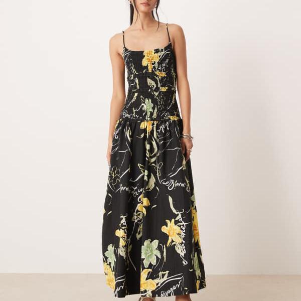 エイソス ASOS asos ASOS DESIGNのシャーリング入りドロップウエストのシワ加工マキシドレス。オーバーサイズの花柄プリント。 ワンピース レディース 女性 インポートブランド 小さいサイズから大きいサイズまで