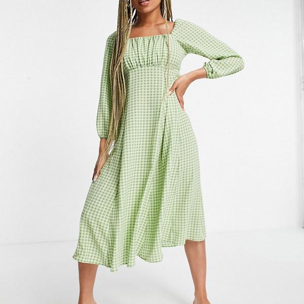 エイソス Asos Asos Asos Design グリーン ギンガム チェック スクエア シャーリング ネック ミディドレス ワンピース レディース 女性 インポートブランド 小さいサイズから大きいサイズまで Psicologosancora Es