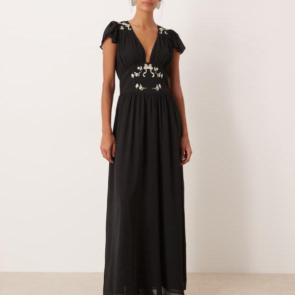 For Love & Lemons 刺繍入りプランジマキシドレス（ブラック） ワンピース レディース 女性 インポートブランド 小さいサイズから大きいサイズまで