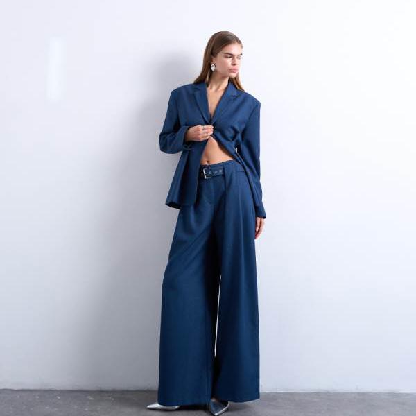 トップショップ Topshop TOPSHOP トップショップ コーデ ベルト付き ハイウエスト ダブルプリーツ トラウザー（ネイビー） ボトム パンツ レディース 女性 インポートブランド 小さいサイズから大きいサイズまで