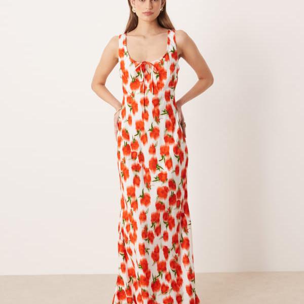 エイソス ASOS asos ASOS DESIGN スクープネック タイフロント ミディドレス ぼかしローズプリント ワンピース レディース 女性 インポートブランド 小さいサイズから大きいサイズまで