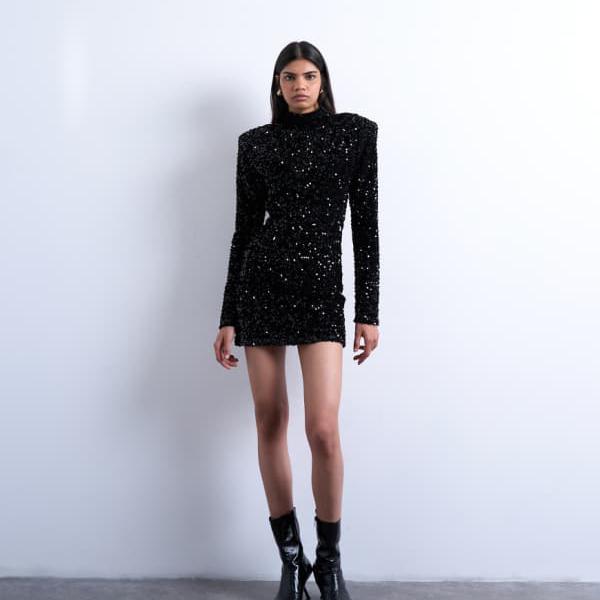 トップショップ Topshop TOPSHOP トップショップの長袖ベルベットスパンコールミニドレス（肩パッド付き、ブラック） トップス レディース 女性 インポートブランド 小さいサイズから大きいサイズまで
