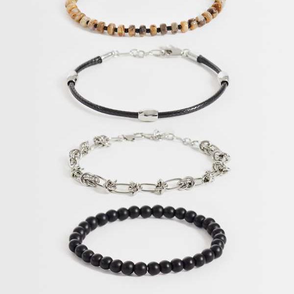 エイソス ASOS asos ASOS DESIGN ブラックフェイクレザーと赤銅色のビーズ腕輪4個書き割り 付属物 メンズ 成人男性 インポートブランド