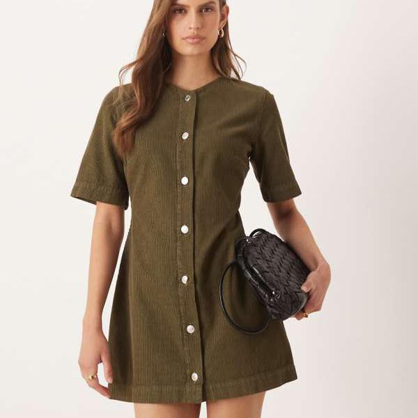 エイソス ASOS asos ASOS DESIGN コーデュロイ ハイVネック ミニドレス（カーキ） ワンピース レディース 女性 インポートブランド 小さいサイズから大きいサイズまで