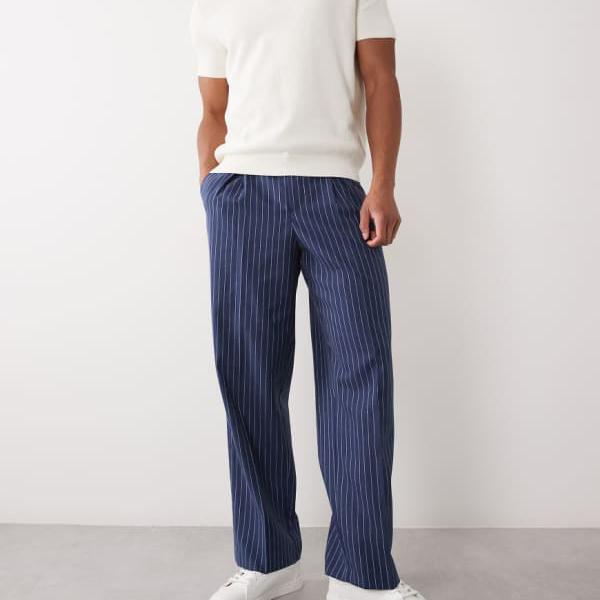 エイソス ASOS asos ASOS DESIGN リネン原料品のかっこ良いな筋目入り口・入口ワイドレッグパンツ（ネイビーピンストライプ） ズボン下 下つ方 メンズ 成人男性 インポートブランド たわい無い大きさから気が大きい大きさまで