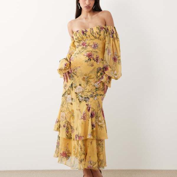 エイソス ASOS asos ASOS DESIGN イエローフローラル柄の、上がり段になったゴデットとトップ袖がその人の特徴的な、オフショルダーのフリルマキシドレス。 衣装 レディース お上さん インポートブランド たわい無い大きさから気が大きい大きさまで