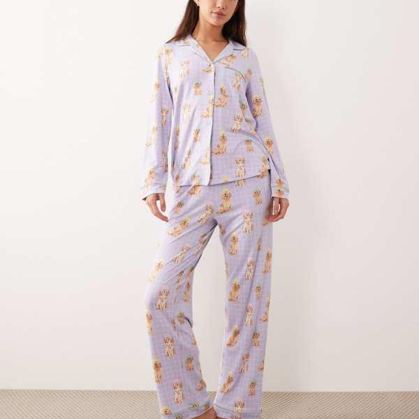 Chelsea Peers チェルシー・ピアーズのライラックのスパドッグプリントのロングボタンアップパジャマセット 部屋着 レディース 女性 インポートブランド 小さいサイズから大きいサイズまで