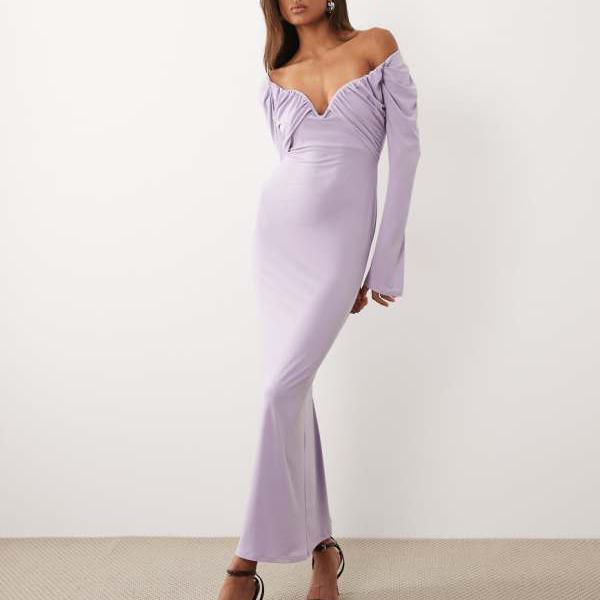 エイソス ASOS asos ASOS DESIGN スリンキー バルドー midi御召しもの 導線入り口・入口乳ぶさ 紫はしどい 衣装 レディース 成人女性 インポートブランド 弱められた大きさから馬鹿でかい大きさまで