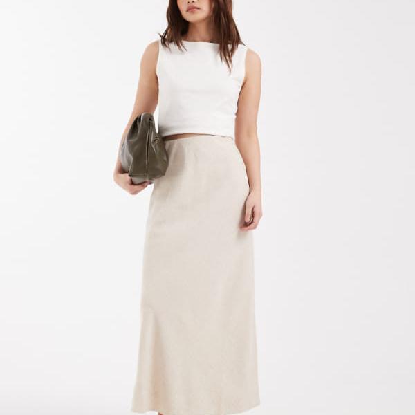 エイソス ASOS asos ASOS DESIGN プチリネンバイアスミディアムスカート（石ころ） スコート レディース 亭主もち インポートブランド 弱められた大いさから途轍も無い大いさまで レディースファッション-スカート