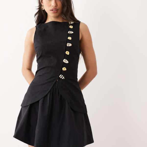 エイソス ASOS asos ASOS DESIGN リネン調ベストミニドレス ポプリンスコート付き添い人 黒いこと 衣装 レディース 成人女性 インポートブランド 弱められた大きさから馬鹿でかい大きさまで